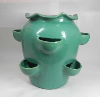 Vintage Garden City Pottery Large 15 " Rare Jade Green 8 Cup Strawberry Pot.