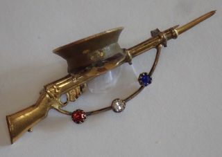 Antique Wwi Gold Filled Enamel Rhinestone Bayonet Rifle Sweetheart Brooch