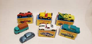 7 Vintage Matchbox Cars - Lesney - 41,  72,  64 - 73 - 13 - 1970s?1960sz?mg - Ferrari - Jeep - Dodg