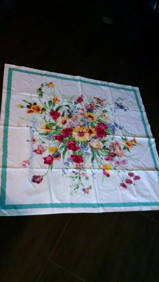 Vintage Heavy Cotton Wilendur Tag Print Tablecloth Wildflowers Roses 51x52 "