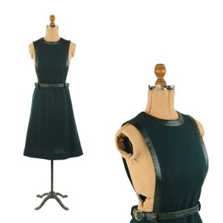 Vintage 60s 70s Sabrina Knit Dark Green Flat Knit Wool Jumper Overall Mod Dress