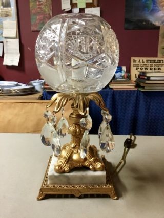 Vtg Gold Metal Marble Base Lamp W/cut Glass Crystal Globe Shade,  Glass Prisms