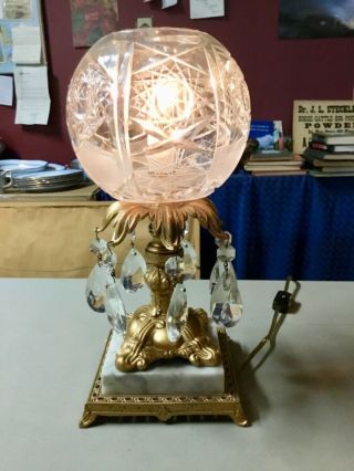 VTG Gold Metal Marble Base Lamp w/Cut Glass Crystal Globe Shade,  Glass Prisms 2