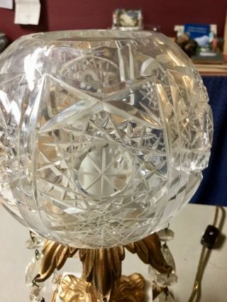 VTG Gold Metal Marble Base Lamp w/Cut Glass Crystal Globe Shade,  Glass Prisms 4