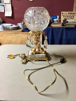 VTG Gold Metal Marble Base Lamp w/Cut Glass Crystal Globe Shade,  Glass Prisms 6