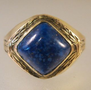 1930 ' s Art Deco Men ' s 14K Gold Shell Lapis Ring Size 10.  5 Vintage Antique Ring 2