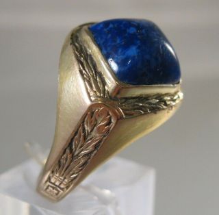 1930 ' s Art Deco Men ' s 14K Gold Shell Lapis Ring Size 10.  5 Vintage Antique Ring 3