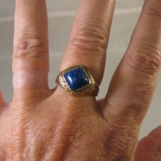 1930 ' s Art Deco Men ' s 14K Gold Shell Lapis Ring Size 10.  5 Vintage Antique Ring 6