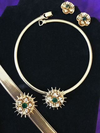 1940’s Coro Emerald Green Clear Rs Goldtone Necklace Bracelet Earrings Gorgeous