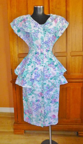 Vtg 80s Floral Print Cotton Peplum Wiggle Easter Garden Wedding Party Dress M