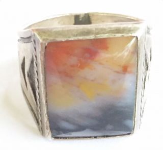 Vtg Pictorial Signed Native American Sterling Silver Landscape Agate Men’s Ring