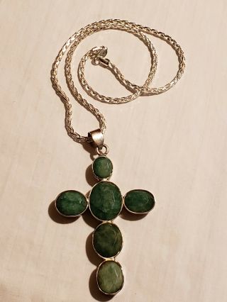 Vintage Sterling Silver Emerald Cross Necklace