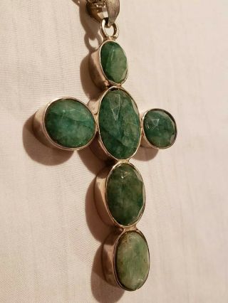 Vintage Sterling Silver Emerald Cross Necklace 3