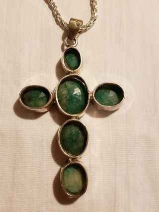 Vintage Sterling Silver Emerald Cross Necklace 4