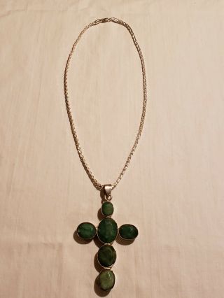 Vintage Sterling Silver Emerald Cross Necklace 5