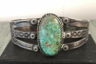 Wide Vintage Navajo Fred Harvey Era Turquoise & Coin Silver Stamped Bracelet