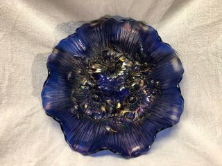Rare Northwood Carnival Glass Poppy Show Dark Blue Ruffled Bowl Scarce 9 "