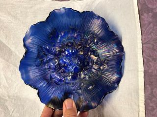 Rare Northwood Carnival Glass Poppy Show Dark Blue Ruffled Bowl Scarce 9 