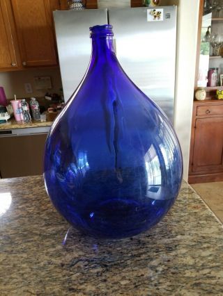 Vtg Large 23” Italian Blue Glass Demijohn Carboy Wine Bottle Plastic Protector