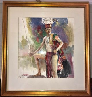Vintage Watercolor Painting Igorot Warrior Chief Philippines By Harry Torres