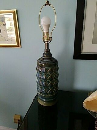 Drip Glaze Diamond Pottery Ceramic Table Lamp Vintage Green Blue Mid Century