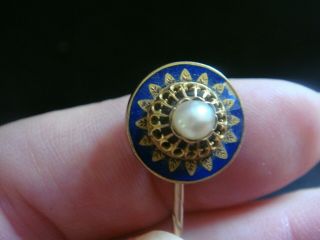 Antique Victorian Blue Enamel & Seed Pearl 15ct Gold Stick Cravat Pin