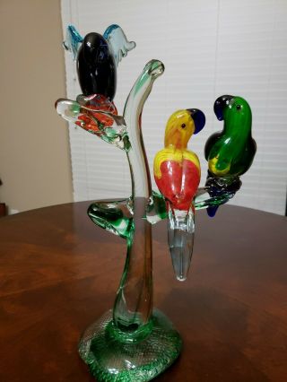 Vintage Hand Blown Art Glass Birds/parrots On Branch