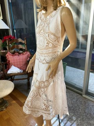Vintage Unique Hand Crochet & Embroidered Dress Fit S,  M,  White By Lim 