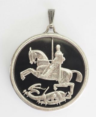 Rare Vintage Sterling Silver Onyx St.  George W Dragon Pendant By M Vacccaro