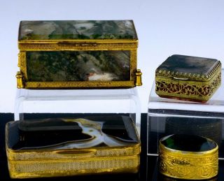 4 Rare Georgian Victorian Carved Agate Stone Snuff Boxes Match Safe Vesta Cases