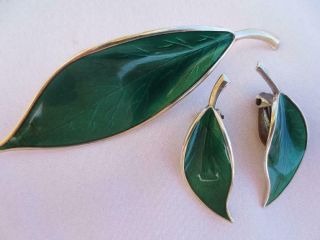 David - Andersen Norway Sterling Silver & Enamel Leaf Brooch & Earrings S33 - 3001