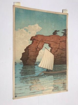 Rare Kawase Hasui Japanese Woodblock Print " Sail Boat At Red Rock Gate " 1933