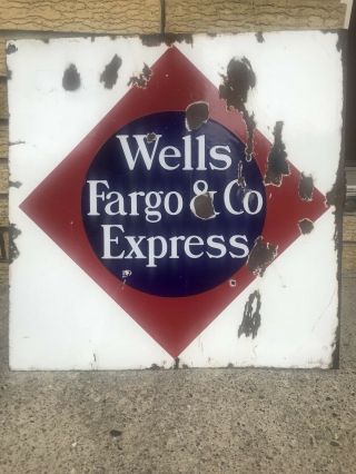 Rare - 2 Sided Vintage Wells Fargo Porcelain Flange Sign Hard To Find Antique