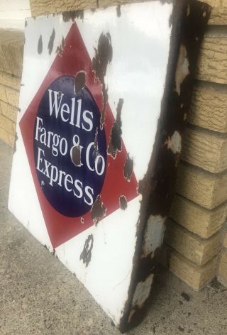 RARE - 2 Sided Vintage Wells Fargo Porcelain Flange Sign Hard To Find Antique 3