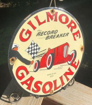 VINTAGE GILMORE GASOLINE PORCELAIN SIGN GAS STATION PUMP PLATE MOTOR OIL RECORD 2