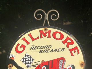 VINTAGE GILMORE GASOLINE PORCELAIN SIGN GAS STATION PUMP PLATE MOTOR OIL RECORD 4