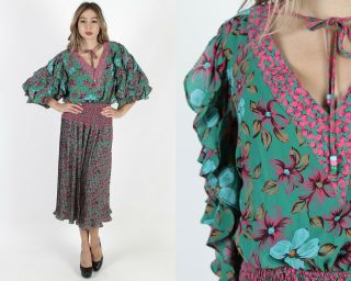 Vintage 80s Susan Freis Dress Ruffle Floral Deep V Neck Pleated Party Green Maxi