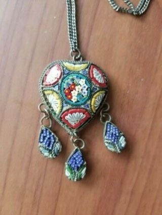 Antique Victorian Itallian Micro Mosaic Heart Necklace On Chain