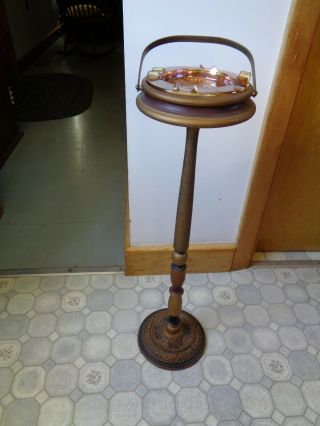 Vintage Ashtray Floor Standing Cast Iron & Wood Windmill Carnival Glass Ashtray