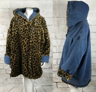 Vintage 90s Atlantic Beach Faux Fur Leopard 2xl Denim Jean Reversible Coat Hood