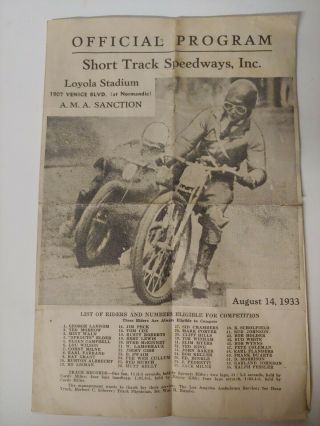 Vintage 1933 Los Angeles Loyola Stadium Speedway Program Motorcycle Racing