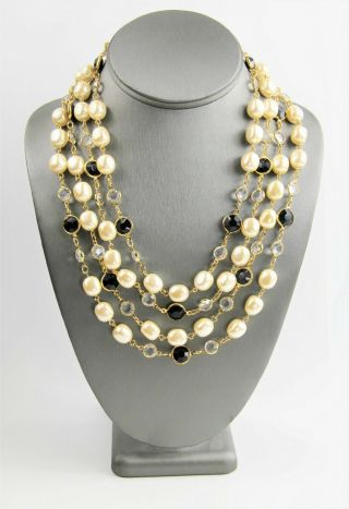 18 " Vintage Jewelry 4 Strand Bezel Set Crystal Fx Pearl Statement Chain Necklace