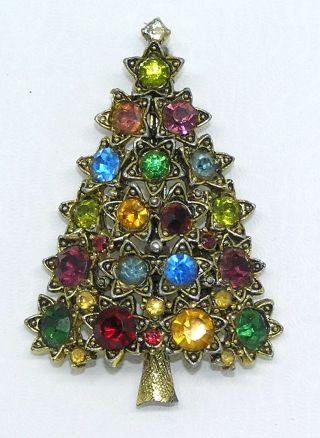 Vintage Hollycraft Christmas Flower Tree Pin Brooch Rhinestones Book Piece