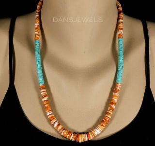 Santo Domingo Old Vintage Navajo Turquoise & Orange Spiny Oyster 22 " Necklace