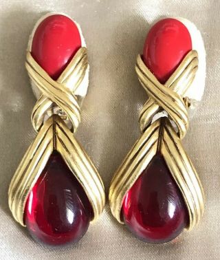 Vintage Oscar De La Renta Red & Gold Tone Clip On Earrings Drop Dangle