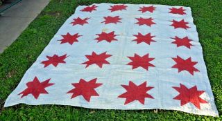Vintage Hand Stitched Cotton Star Quilt 63x78 Red & White