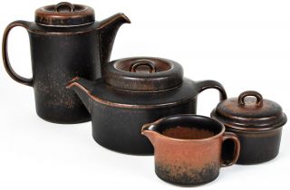 Vintage Brown Stoneware Arabia Finland Ruska Teapot Chocolate Pot Sugar Creamer
