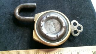 1907 - 1914 Triumph Motorcycle Auto Brass Padlock,  Key Antique Vintage Old Lock