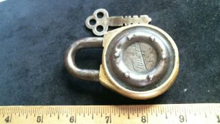 1907 - 1914 TRIUMPH motorcycle auto brass padlock,  key antique vintage old lock 2