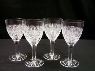 Vintage Bohemian Czech Queens Lace Cut Crystal Wine Goblet 4 Pc Set 6.  5 " T Euc